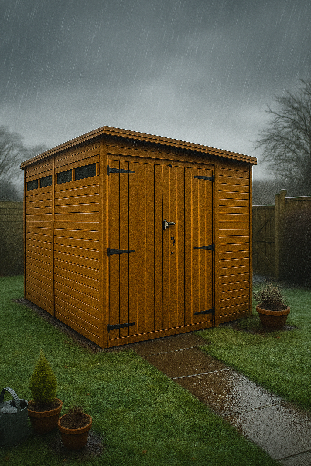 Fortress wooden garden shed with double doors, security slit windows, shiplap tongue-and-groove cladding, and black felt roof in a winter garden setting