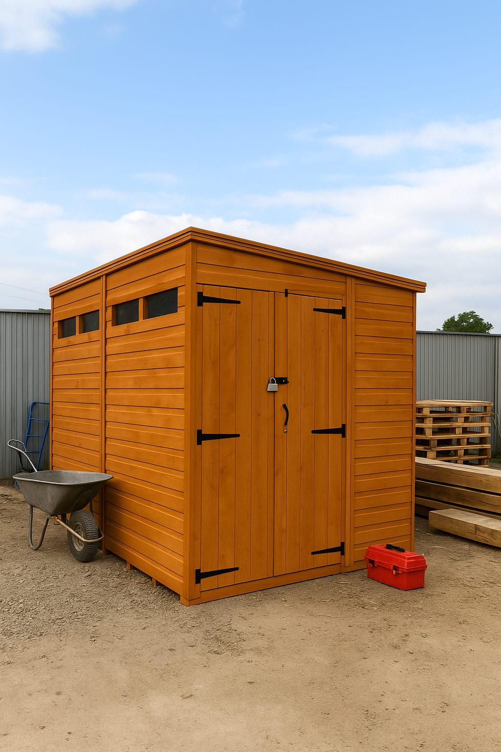 Fortress wooden garden shed with double doors, security slit windows, shiplap tongue-and-groove cladding, and black felt roof in a yard setting