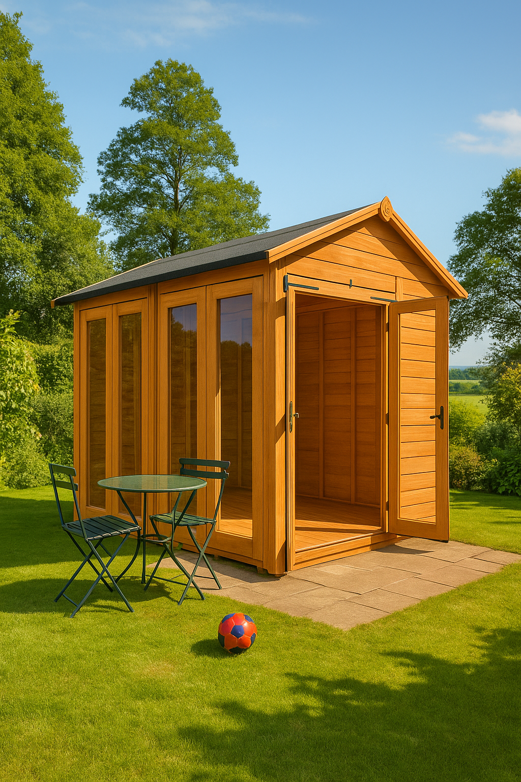 The Hawthorne Summerhouse with double glass doors, shiplap tongue-and-groove cladding, and black felt roof doors open with a table and chairs