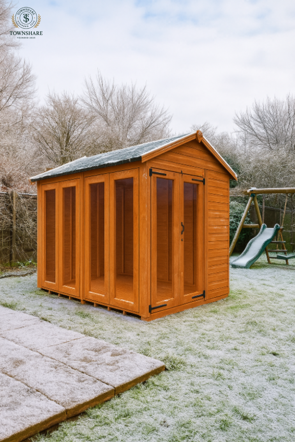 The Hawthorne Summerhouse with double glass doors, shiplap tongue-and-groove cladding, and black felt roofwinter