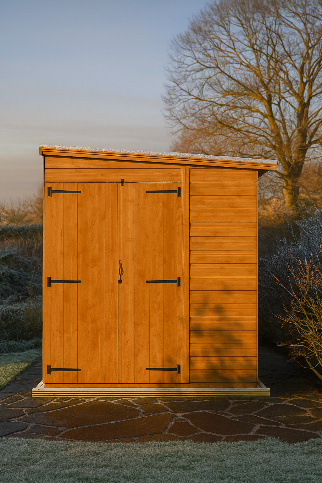 Langdon wooden garden shed with double doors, shiplap tongue-and-groove cladding, and black felt pent roof in garden setting