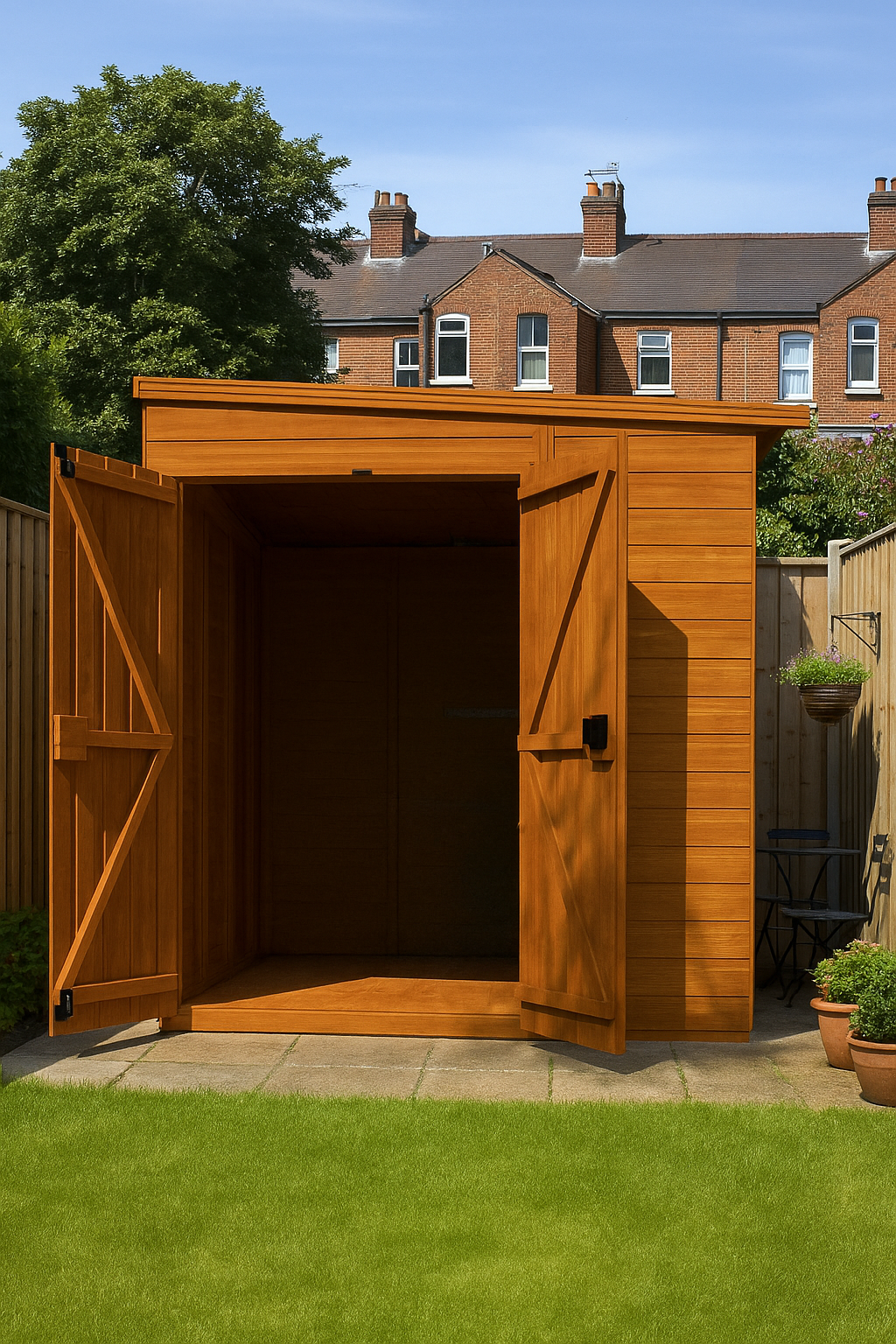 Langdon wooden garden shed with open door, shiplap tongue-and-groove cladding, and black felt pent roof on grassy area with houses in background