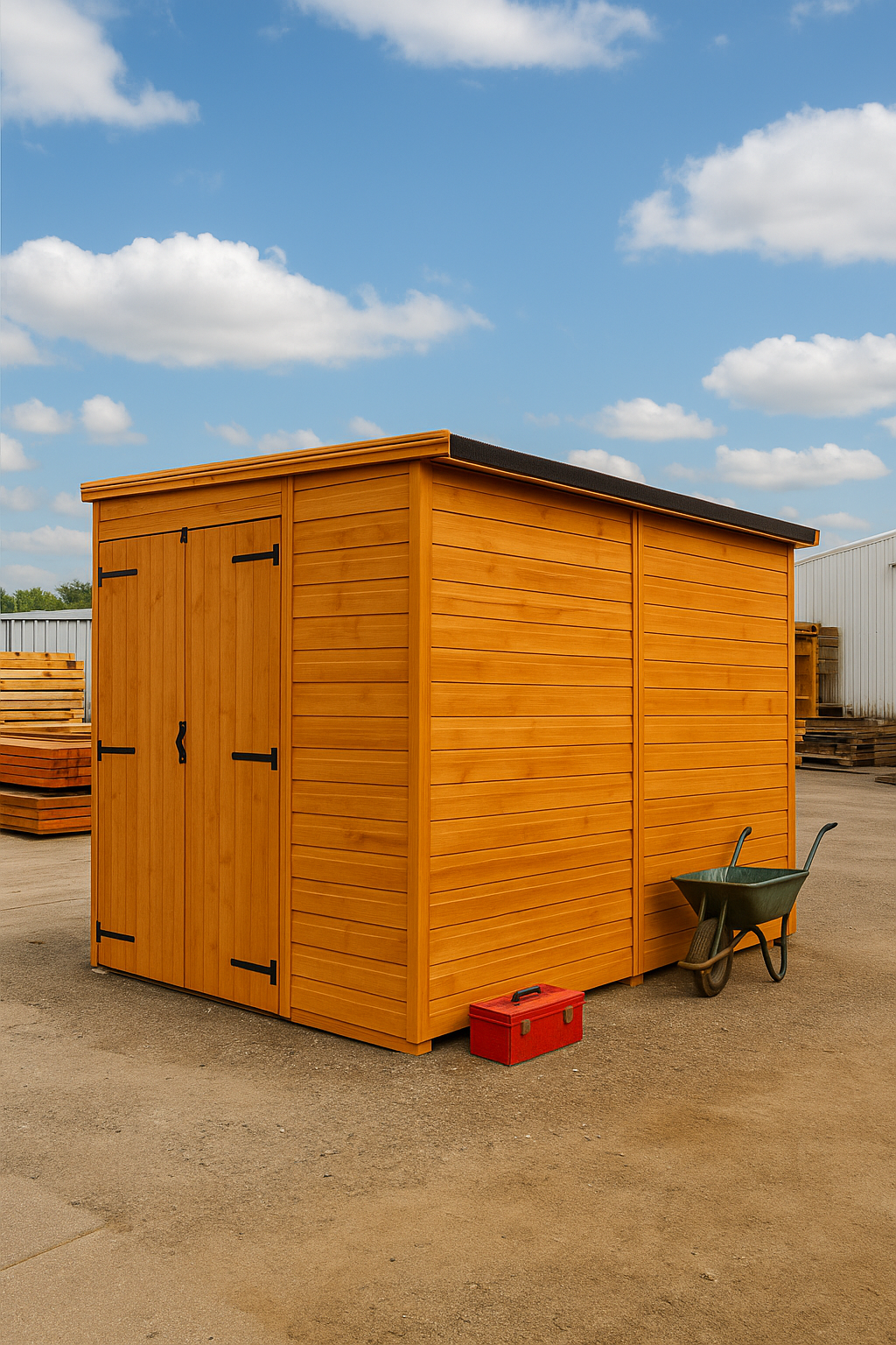 Langdon wooden garden shed with double doors, shiplap tongue-and-groove cladding, and black felt pent roof in the yard
