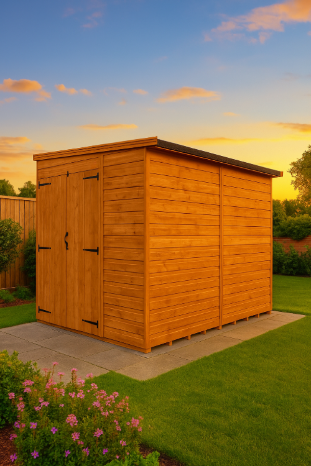 Langdon wooden garden shed with double doors, shiplap tongue-and-groove cladding, and black felt pent roof in garden at sunset