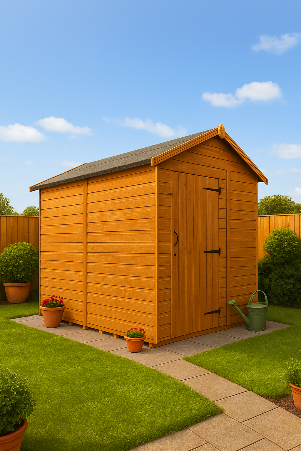 Lockwood wooden garden shed with shiplap tongue-and-groove cladding, double doors, and black felt roof in Summer Garden under colourful sky
