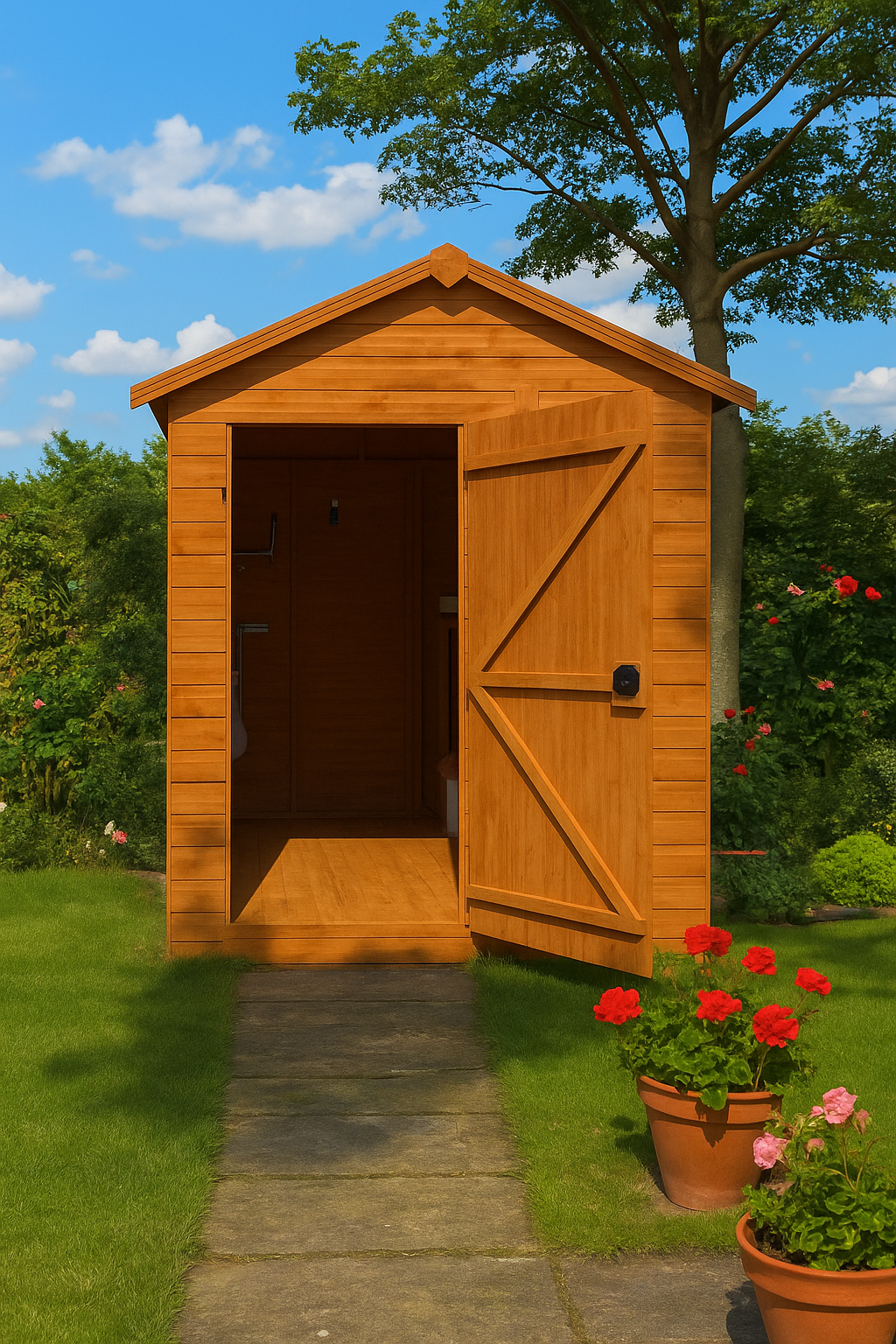 Lockwood wooden garden shed with shiplap tongue-and-groove cladding, double doors, and black felt roof, door open in Summer Garden under colourful sky