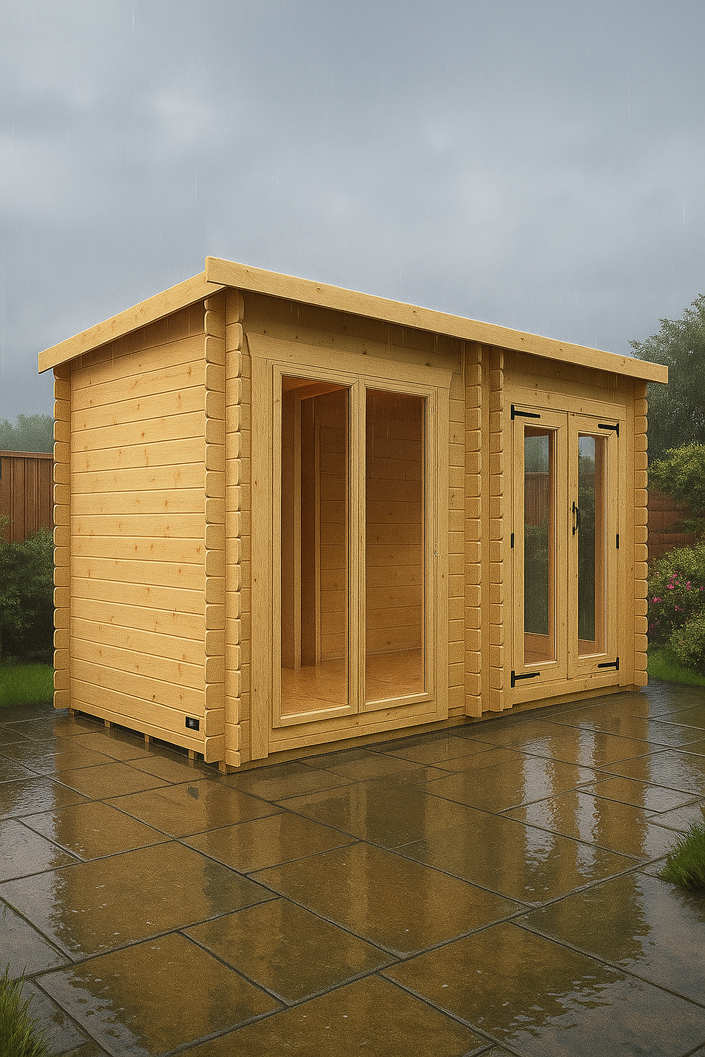 Millbank wooden garden cabin with full-pane glass double doors and glazed windows on tiled patio in rainy weather