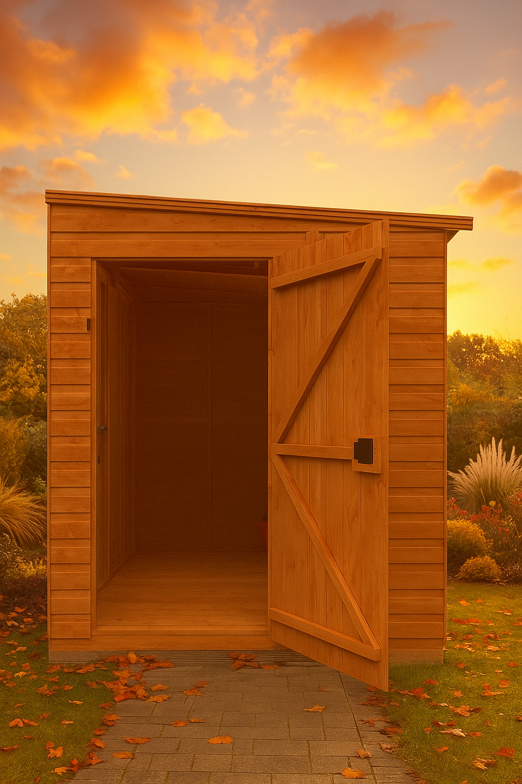 Windham wooden garden shed with shiplap tongue-and-groove cladding, pent roof, and black felt covering in Autumn backyard under red clear sky