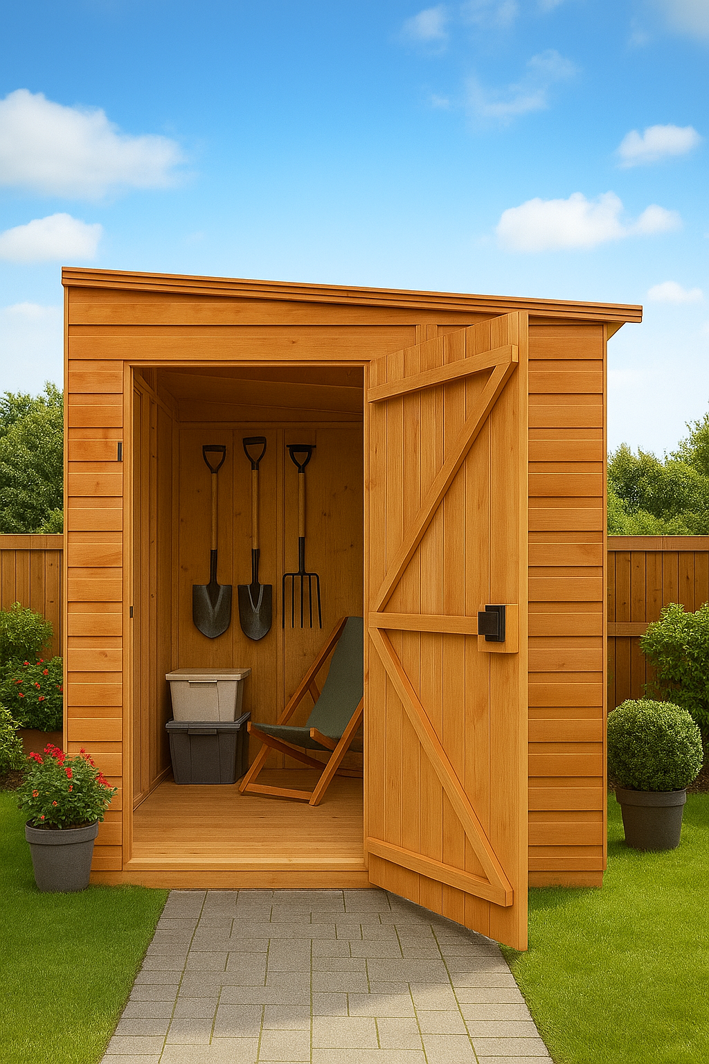 Windham wooden garden shed with shiplap tongue-and-groove cladding, pent roof, and black felt covering with open door, tools inside, on a sunny day