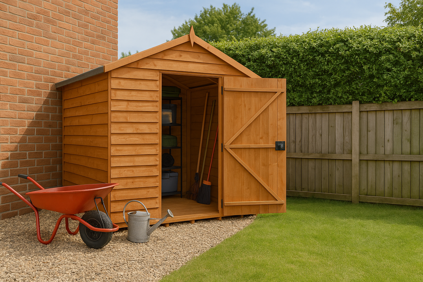 8x6 Budget Apex wooden garden shed with open door, wheelbarrow, and gardening tools on gravel area with grass and fence