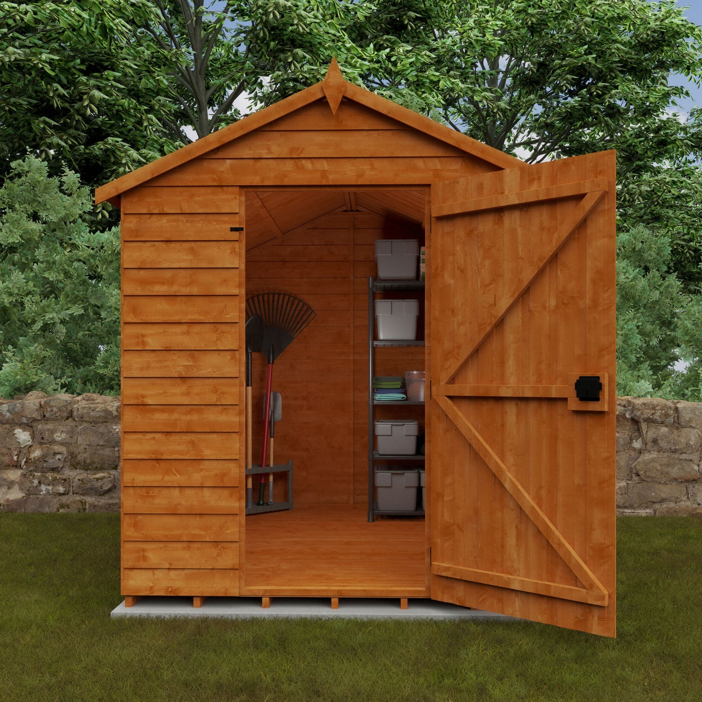 8x6 Budget Apex wooden garden shed with single door on grassy area with trees and an open door