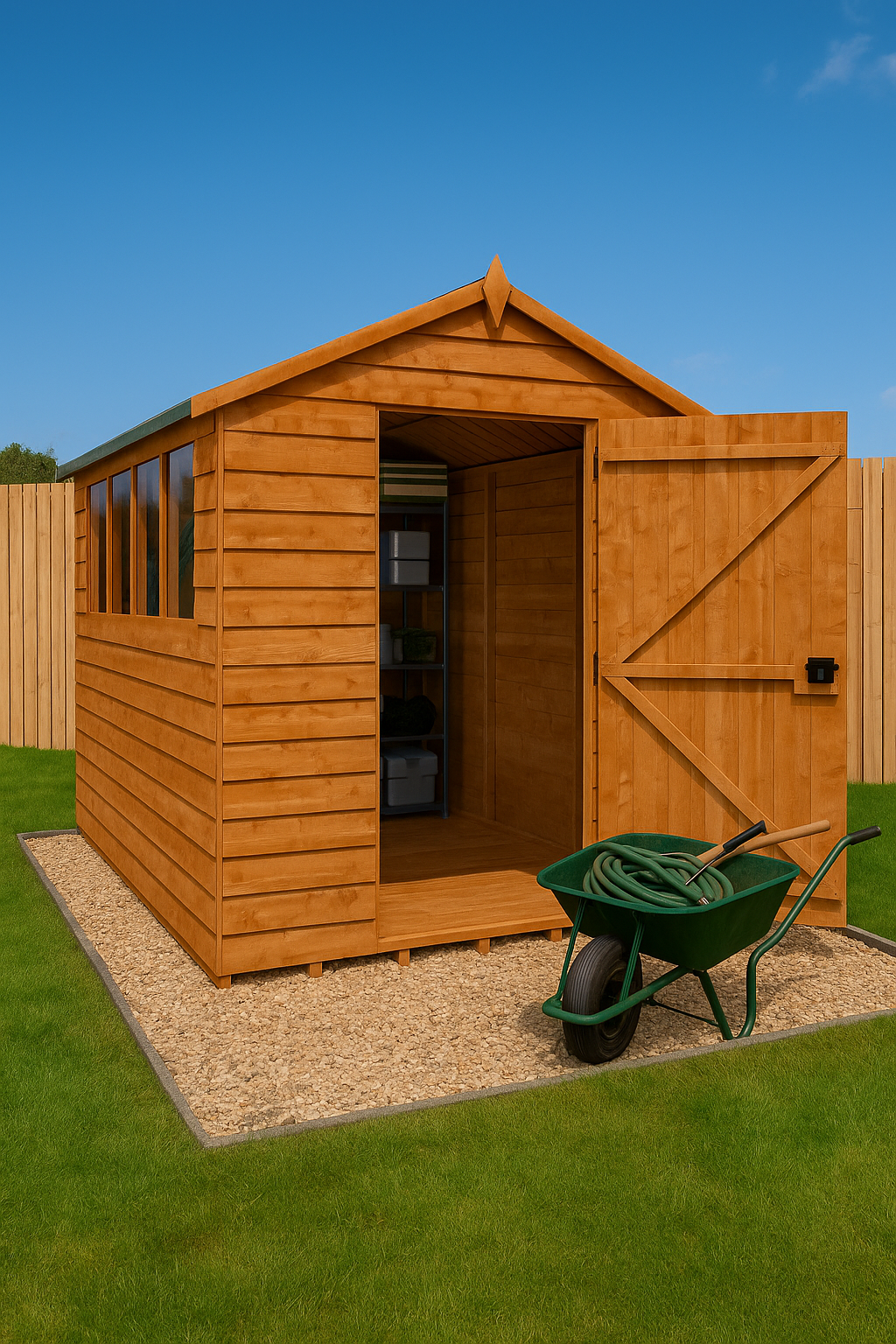 The Alder Apex Shed 8x6 — wooden garden shed with open door, grassy area, wheelbarrow, and hose in view.
