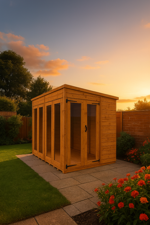 Ashbourne wooden garden summerhouse with double-glazed doors, shiplap tongue-and-groove cladding, and black felt roof in garden at sunset