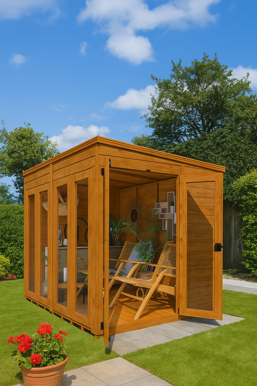 Ashbourne wooden garden summerhouse with double-glazed doors, shiplap tongue-and-groove cladding, chair and table outside on sunny day