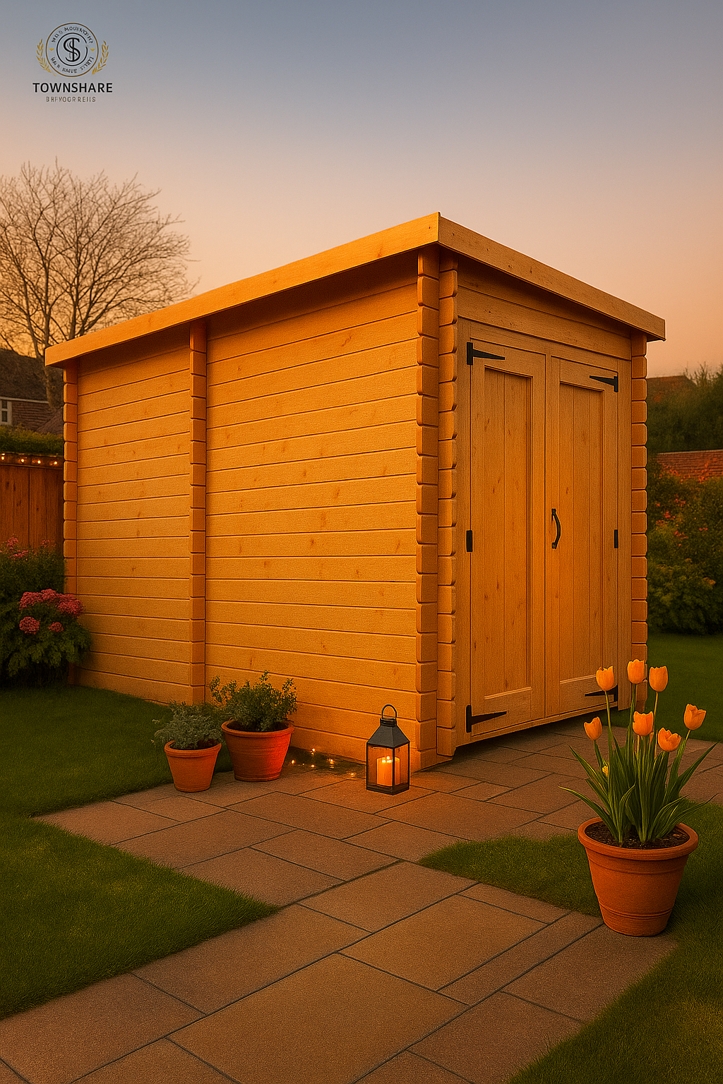 Ashford wooden garden cabin with fully boarded double doors, interlocking log walls, potted plants, and lanterns on patio at sunset
