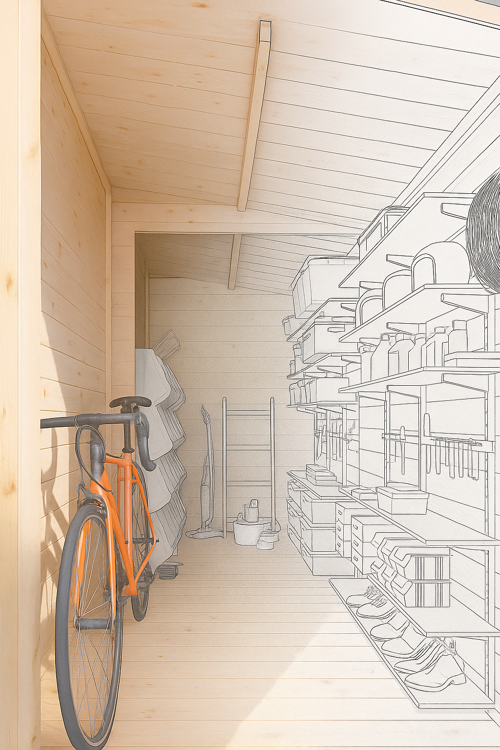 Bicycle leaning against a wooden wall with a line drawing of shelves on the right.