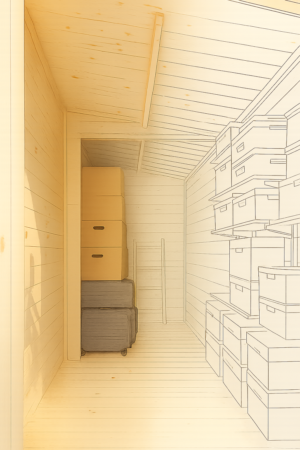 The_Ashford_Cabin_Express_Used as a storage room with a wooden wall with a line drawing the right.