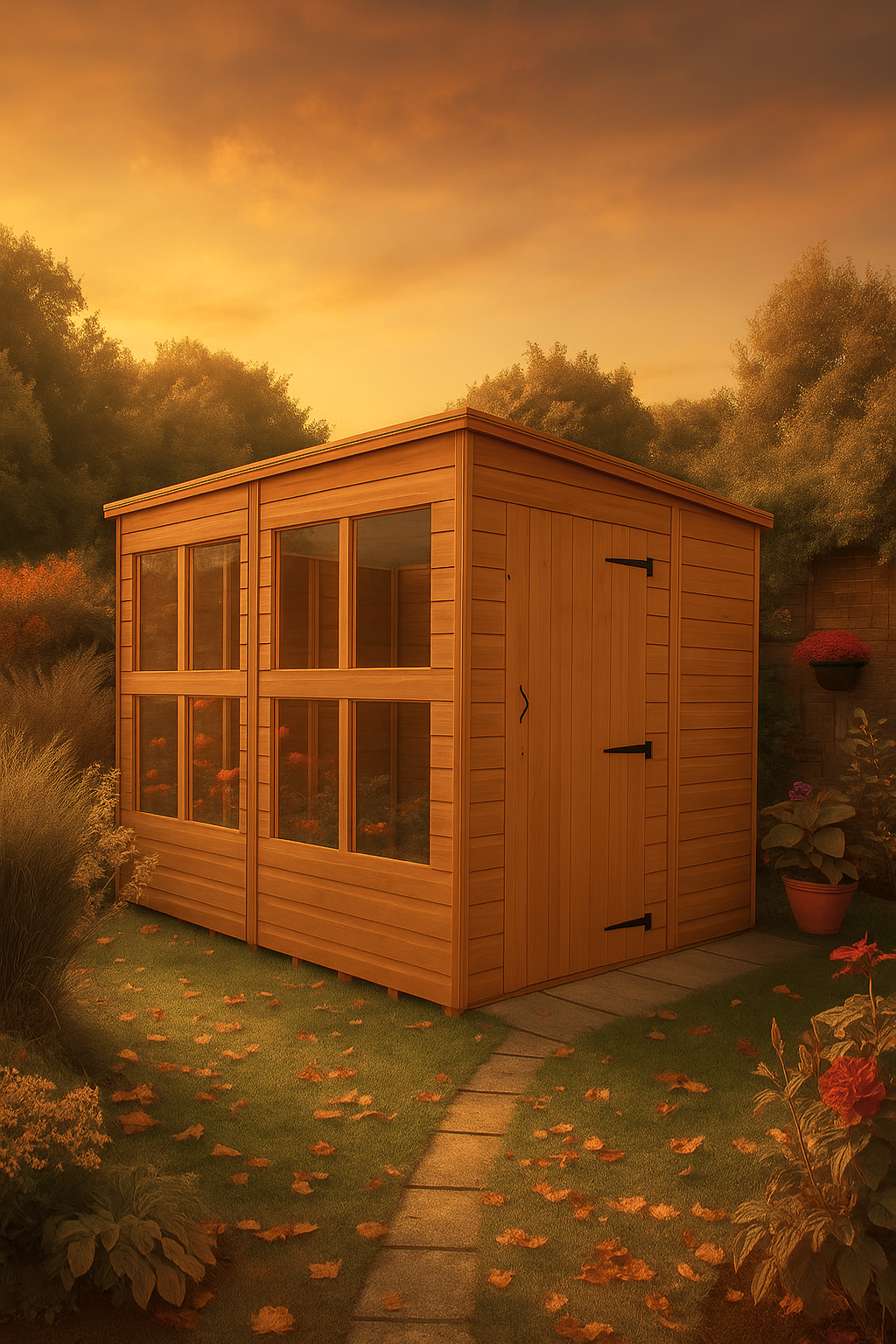 Beaumont wooden garden sunroom with glass panels, shiplap tongue-and-groove cladding, and black felt roof in Autumn garden setting