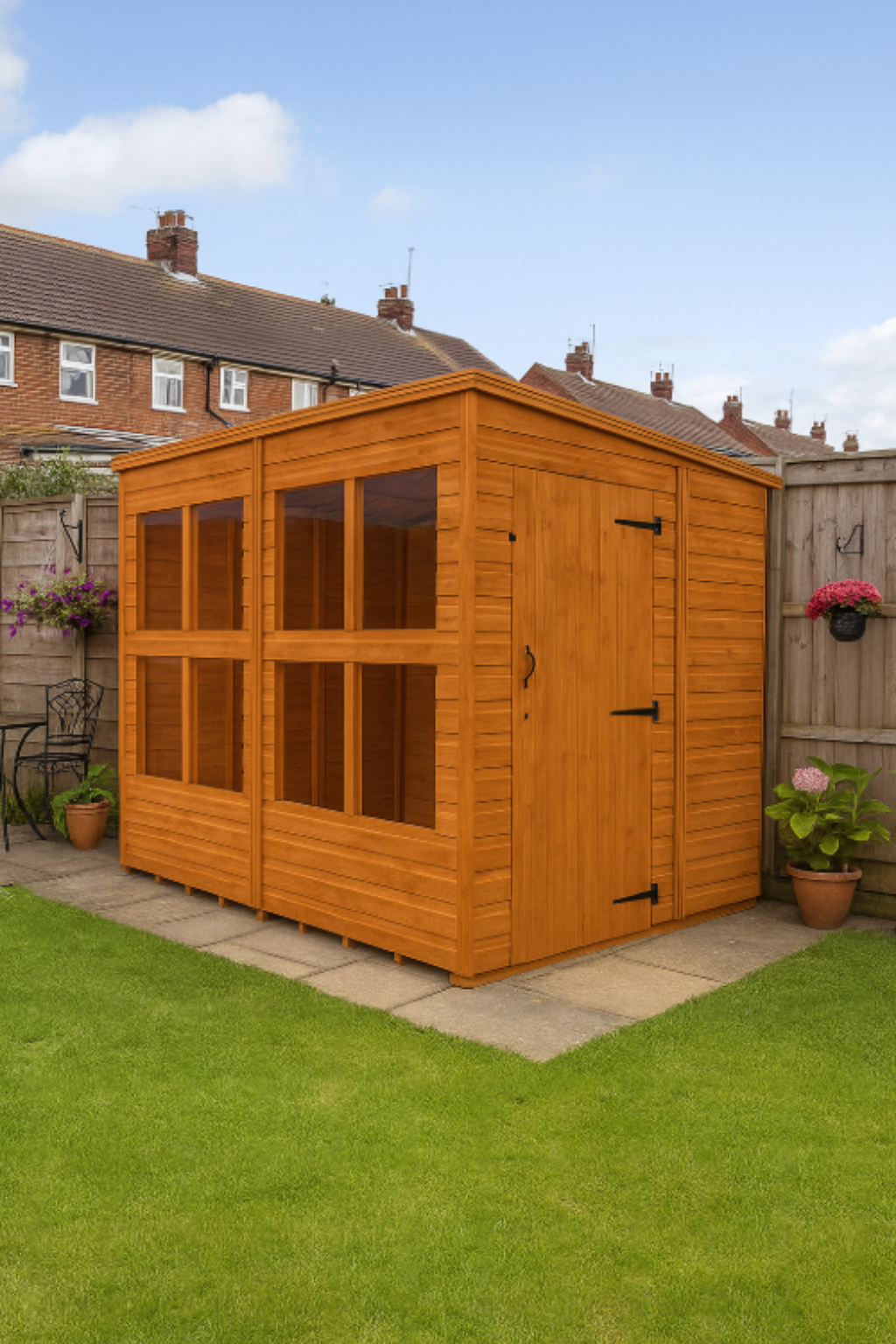 Beaumont wooden garden sunroom with glass panels, shiplap tongue-and-groove cladding, and black felt roof in back yard setting
