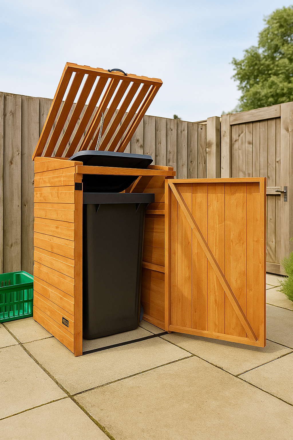 Binford wooden single wheelie bin store with shiplap tongue-and-groove cladding, slatted timber roof, and lid on patio
