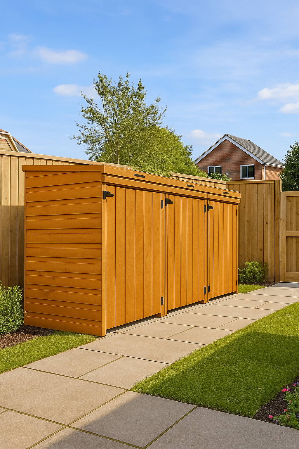 Brackley wooden triple wheelie bin store with shiplap tongue-and-groove cladding, secure latches, and modular lift-up roof in row at the back or the garden near the gate