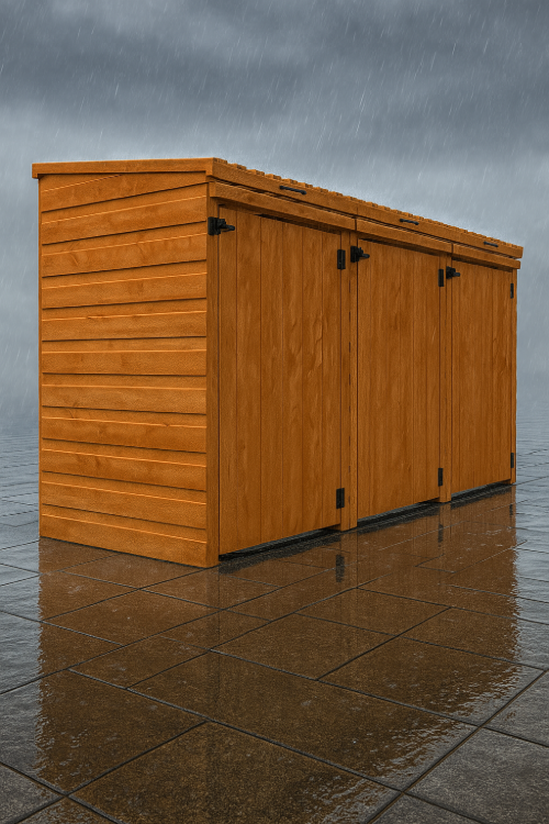 Brackley wooden triple wheelie bin store with shiplap tongue-and-groove cladding on wet pavement under dark, overcast sky
