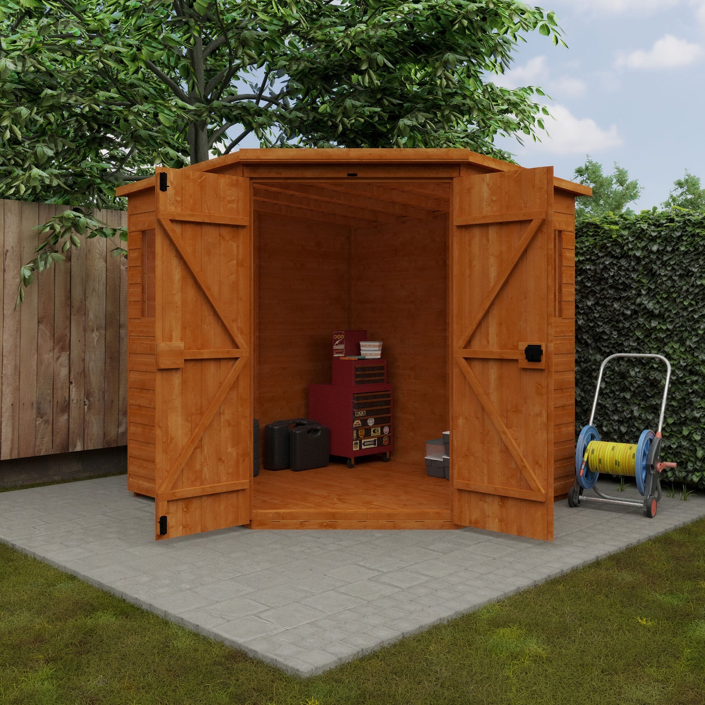 Corner Keeper wooden garden shed with loglap cladding, double doors, and green cushions on patio with trees and open doors
