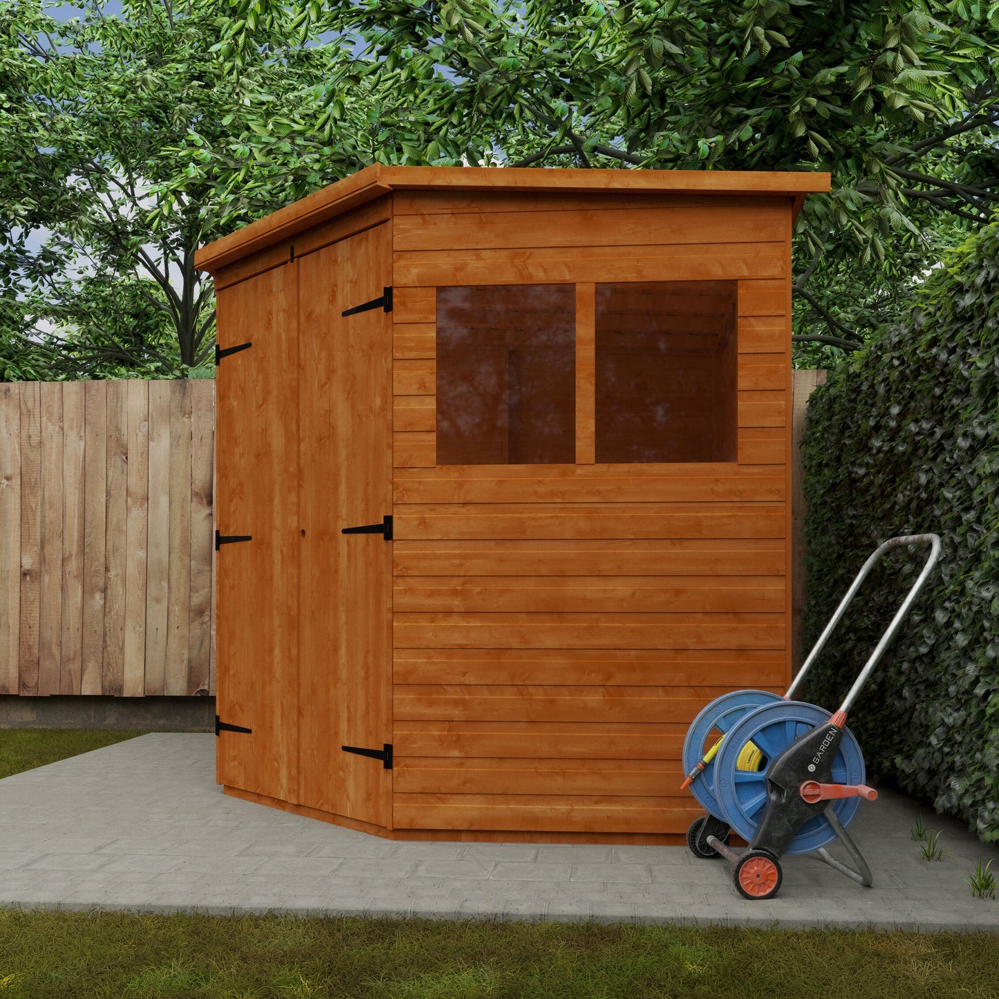Corner Keeper wooden garden shed with loglap cladding, double doors, and green cushions on patio with trees.