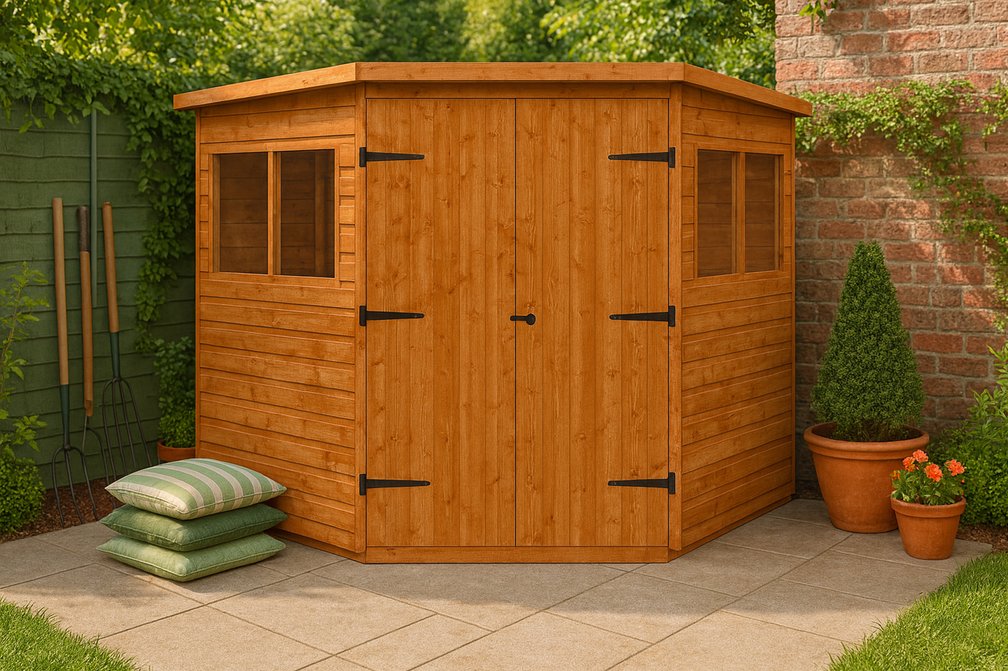 Corner Keeper wooden garden shed with loglap cladding, double doors, and green cushions on patio with fence
