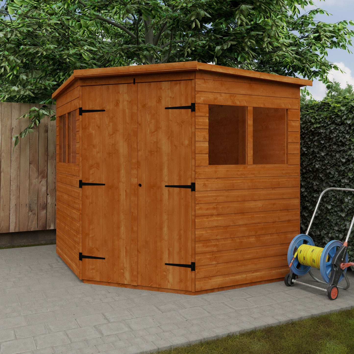 Corner Keeper wooden garden shed with loglap cladding, double doors, and hose reel cart in garden setting
