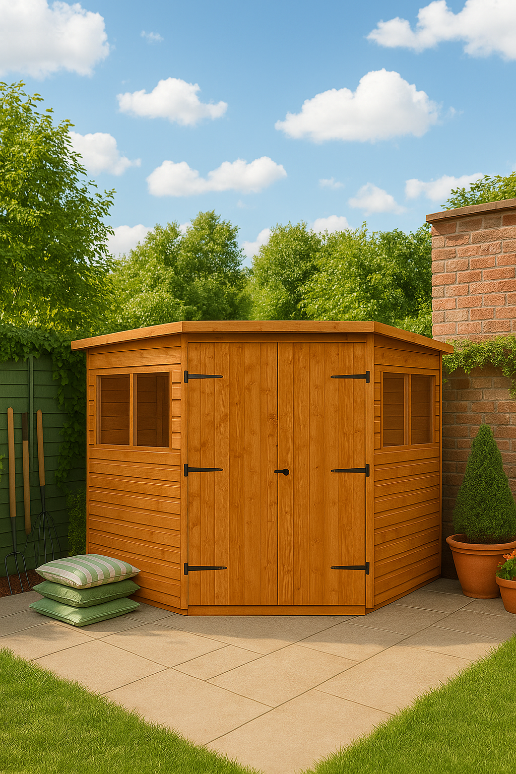 Corner Keeper wooden garden shed with loglap cladding, double doors, and green cushions on patio with trees and blue sky