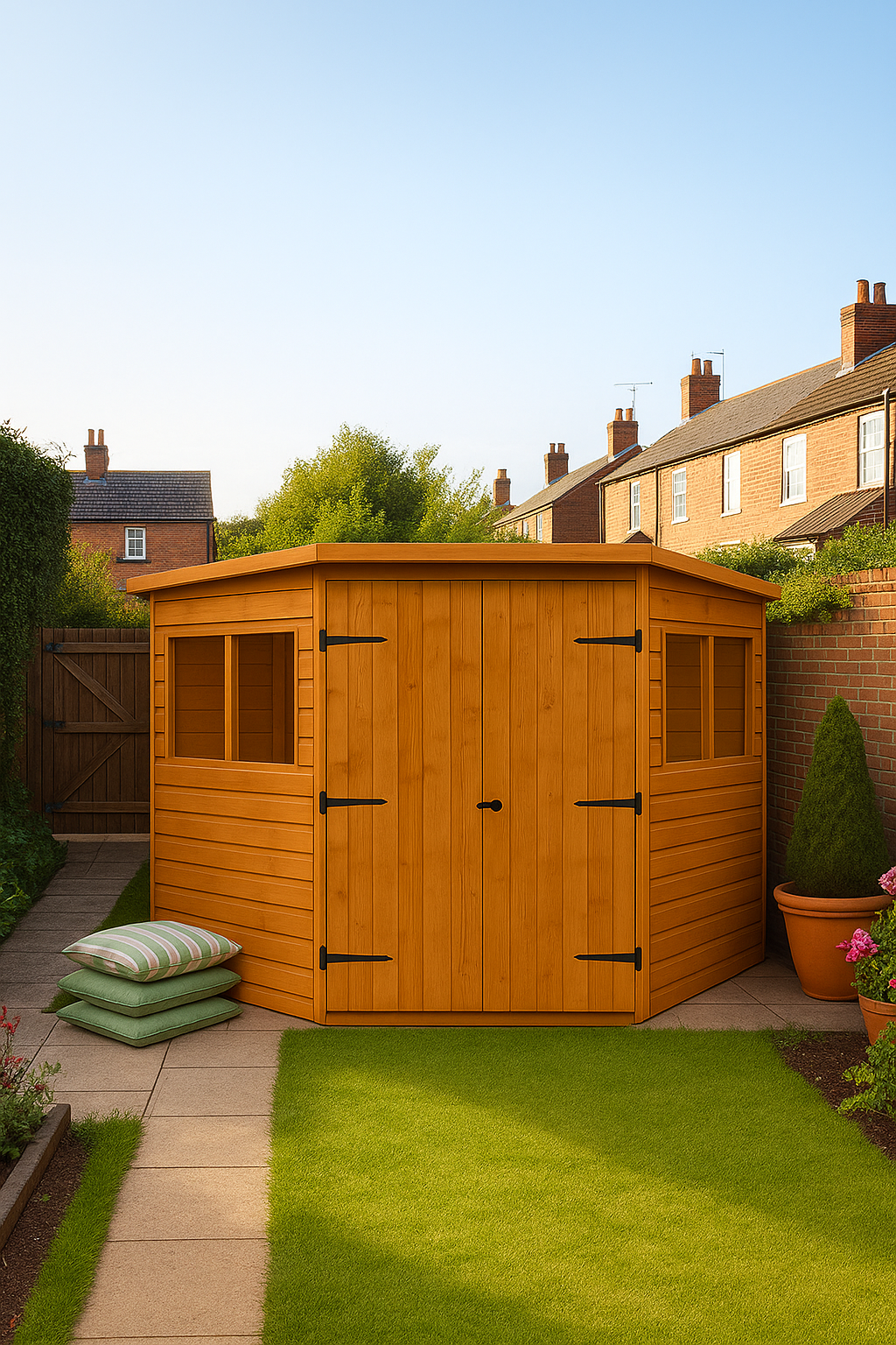 Corner Keeper wooden garden shed with loglap cladding, double doors, and green cushions back the garden gate