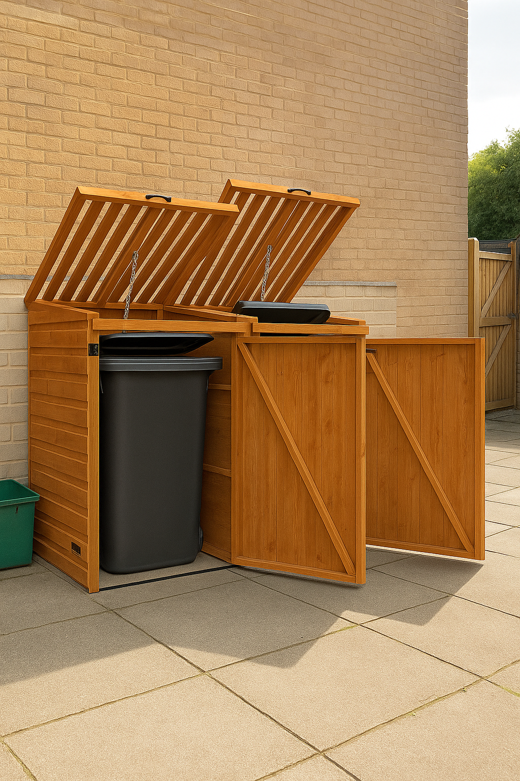 Cranford wooden wheelie bin store with two lockable doors, slatted lift-up roof, and tongue-and-groove cladding containing two black bins against brick wall