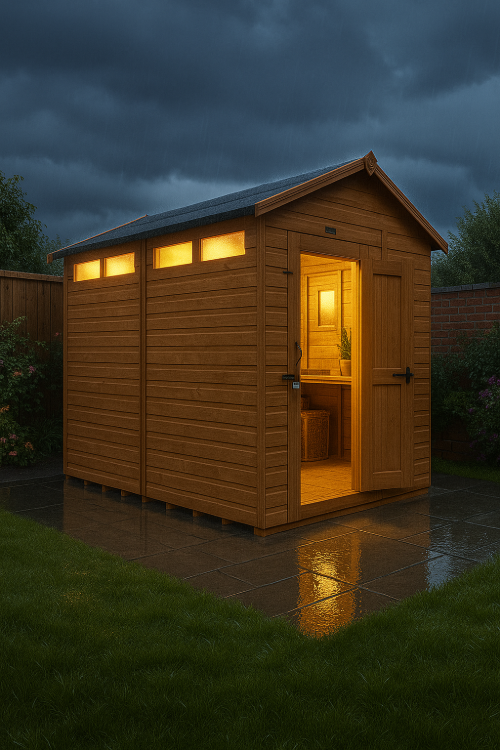 Defender wooden garden shed with security slit windows, shiplap tongue-and-groove cladding, and black felt roof illuminated under dark sky
