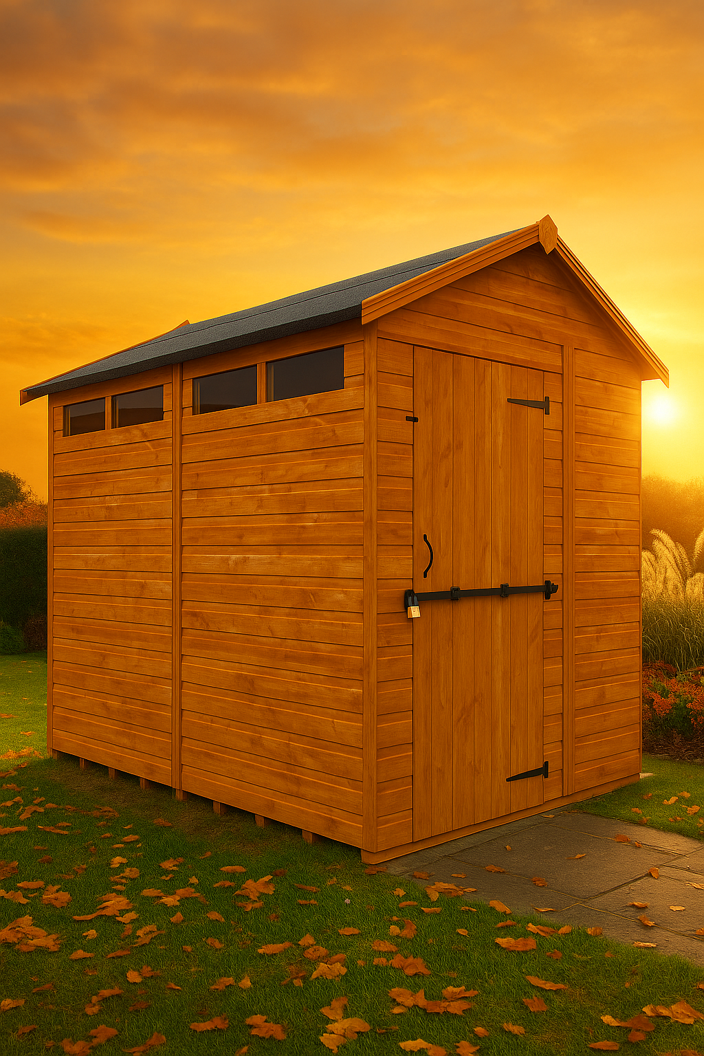 Defender wooden garden shed with security slit windows, shiplap tongue-and-groove cladding, and black felt roof under sunset sky