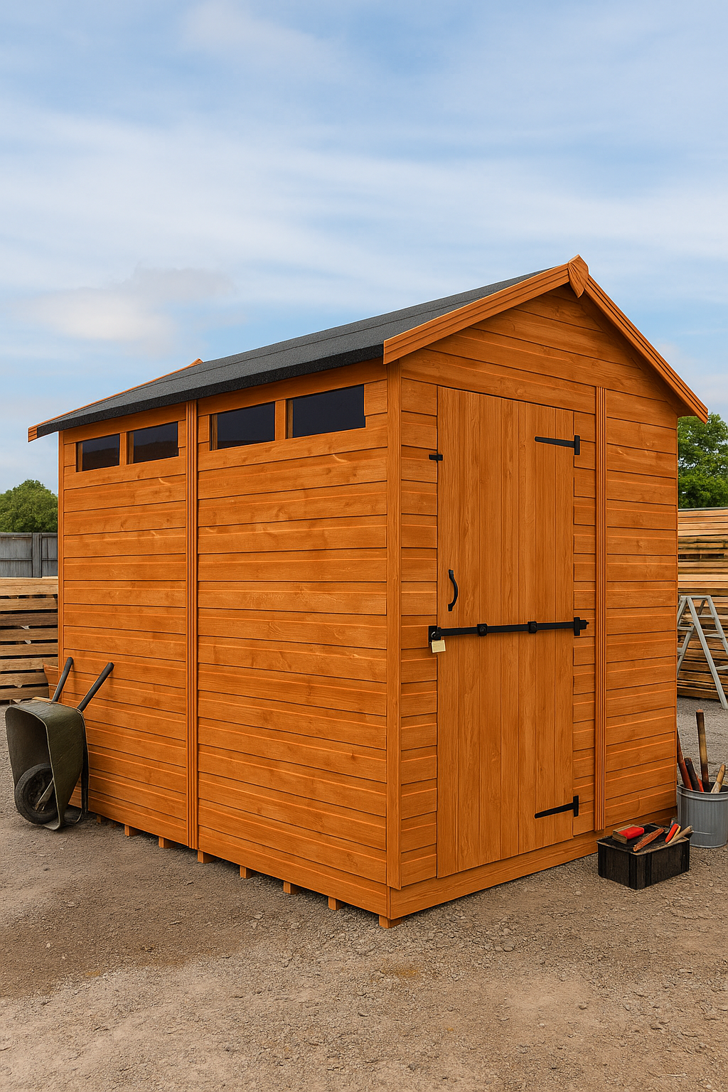 Defender wooden garden shed with door, windows, shiplap tongue-and-groove cladding, and black felt roof on clear day