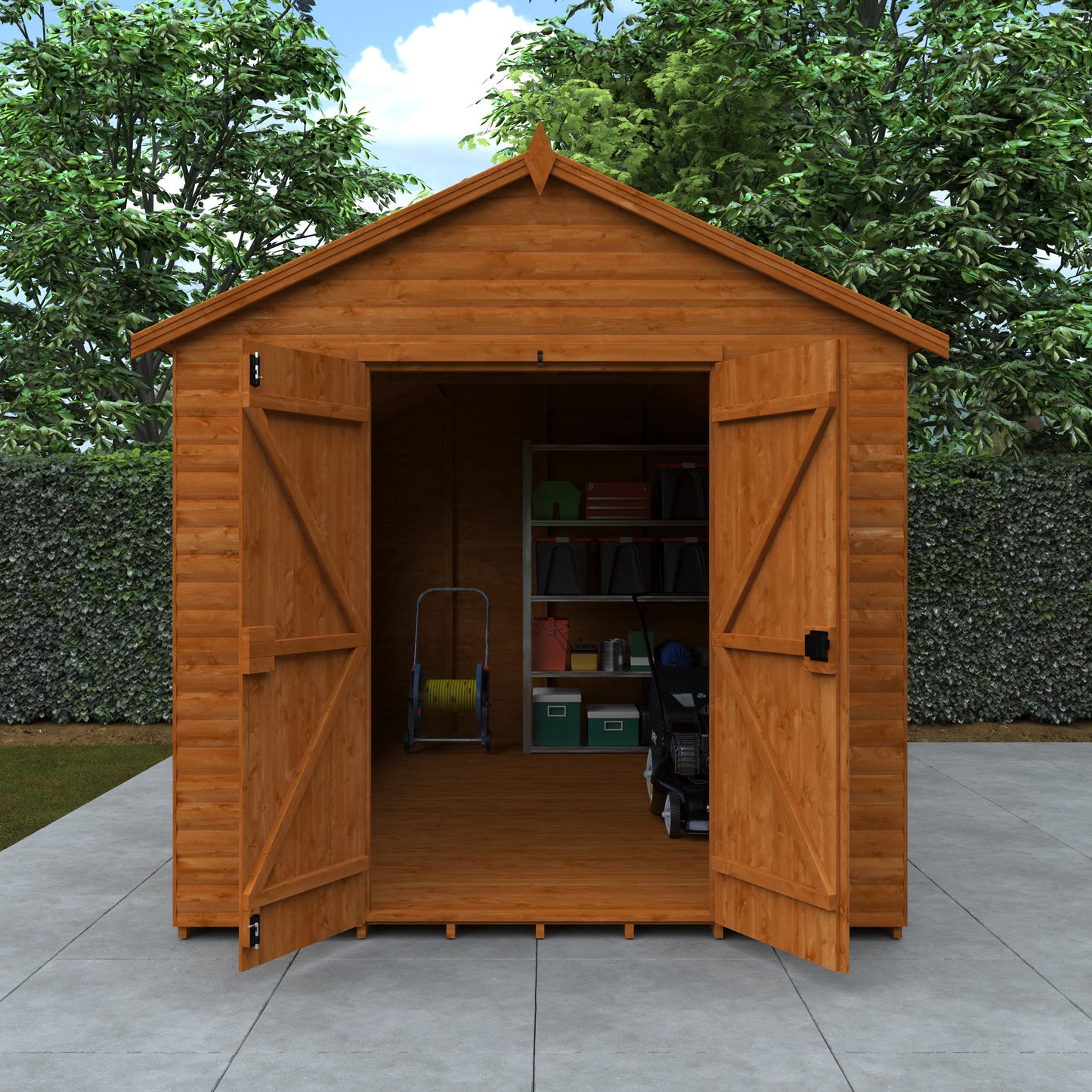 The Forge XL shed, with its open doors revealing storage space, is surrounded by lush greenery.