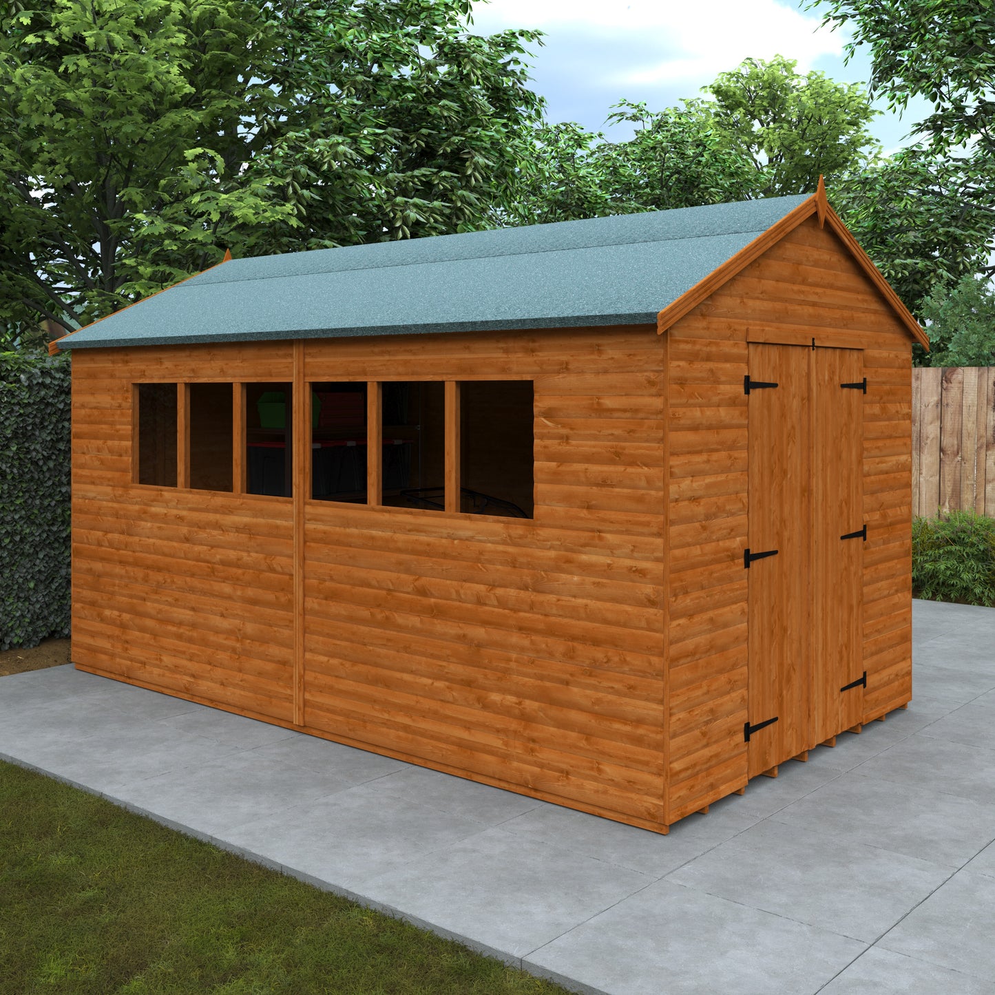 Forge XL wooden loglap garden workshop with double doors on tiled patio with greenery in background
