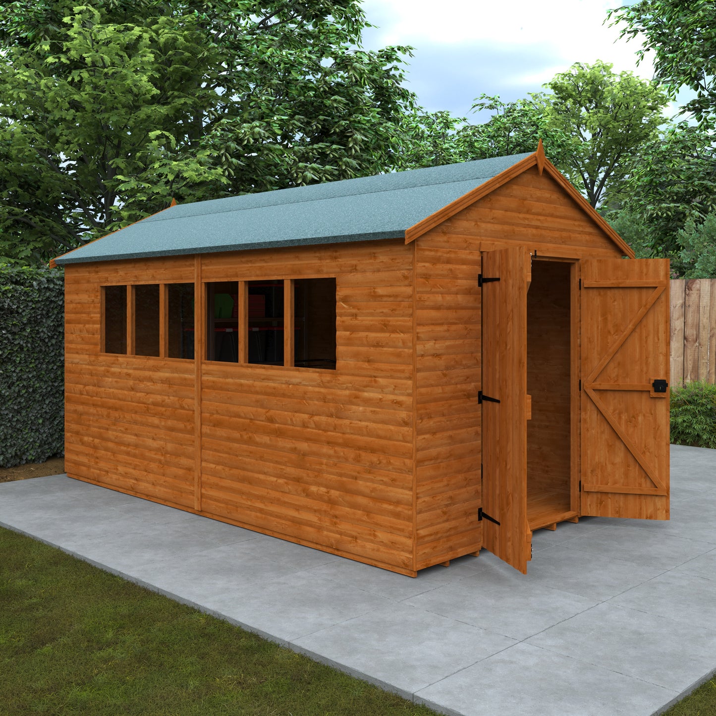 Forge XL wooden loglap garden workshop with double doors open on tiled patio with greenery in background