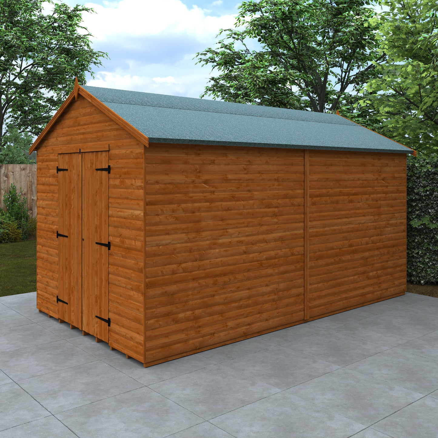 Forge XL wooden loglap garden workshop with double doors on tiled patio with greenery in background