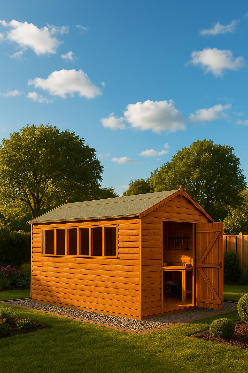 Forge XL wooden loglap garden workshop with open double doors and windows in a garden setting under blue sky with clouds