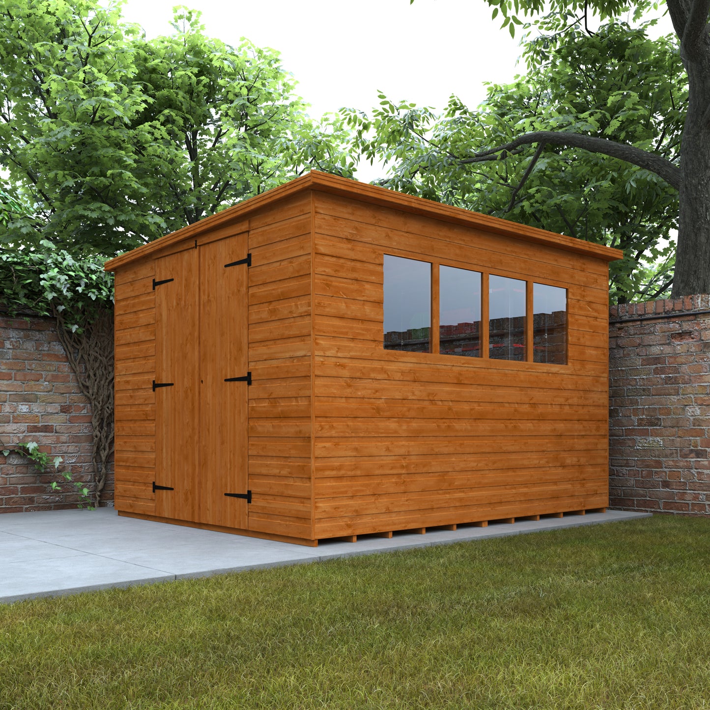 Foundry Studio wooden garden workshop with pent roof, open double doors showing shelves and items, surrounded by greenery and brick wall