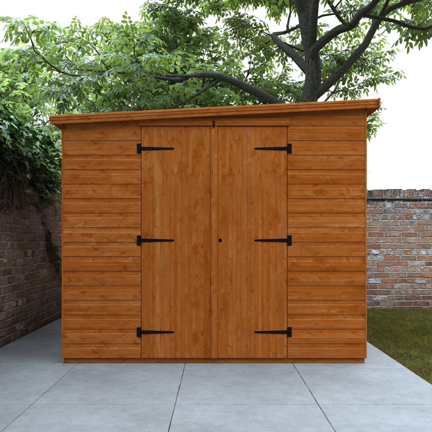 Foundry Studio wooden garden workshop with pent roof, full-pane windows, and double doors on garden path surrounded by greenery and flowers