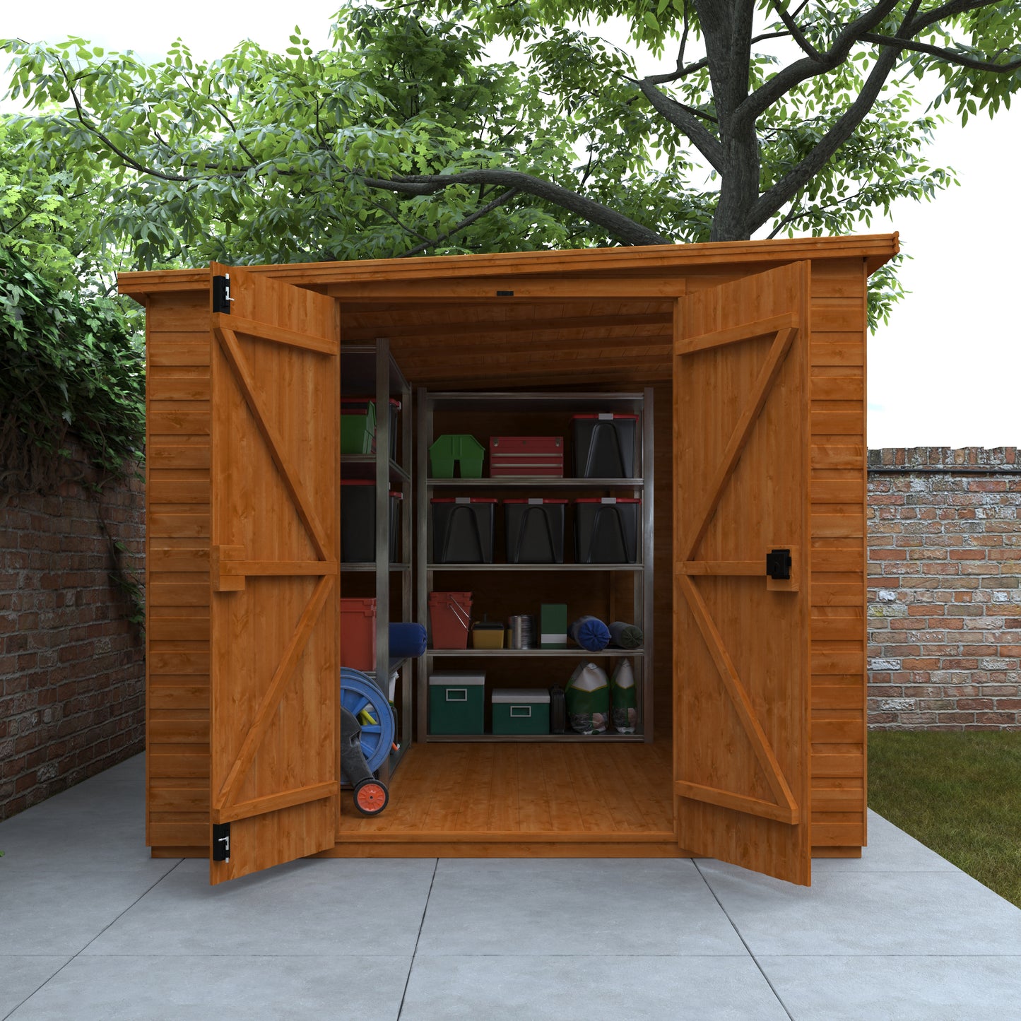 Foundry Studio wooden garden workshop with pent roof, open double doors showing shelves and items, surrounded by greenery and brick wall