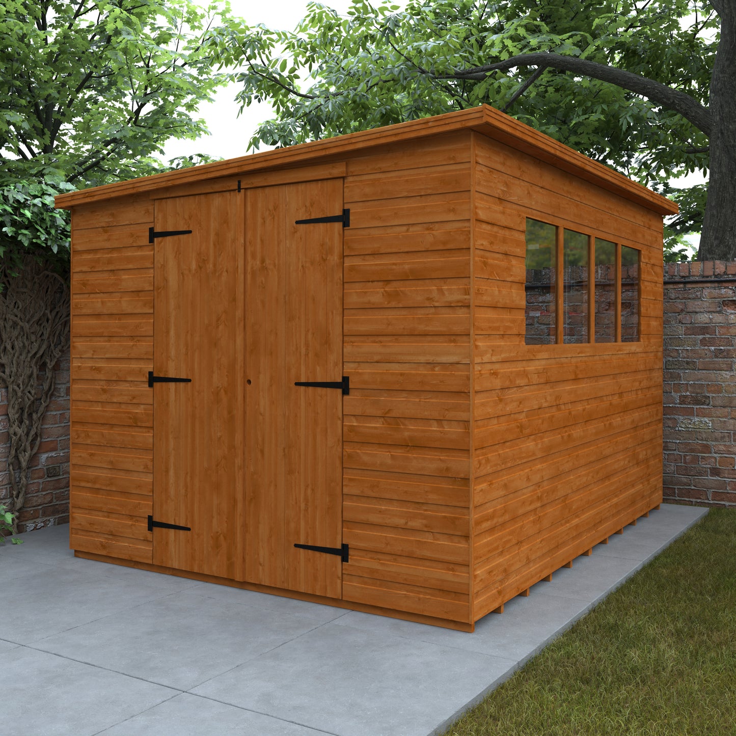 Foundry Studio wooden garden workshop with pent roof, open double doors showing shelves and items, surrounded by greenery and brick wall