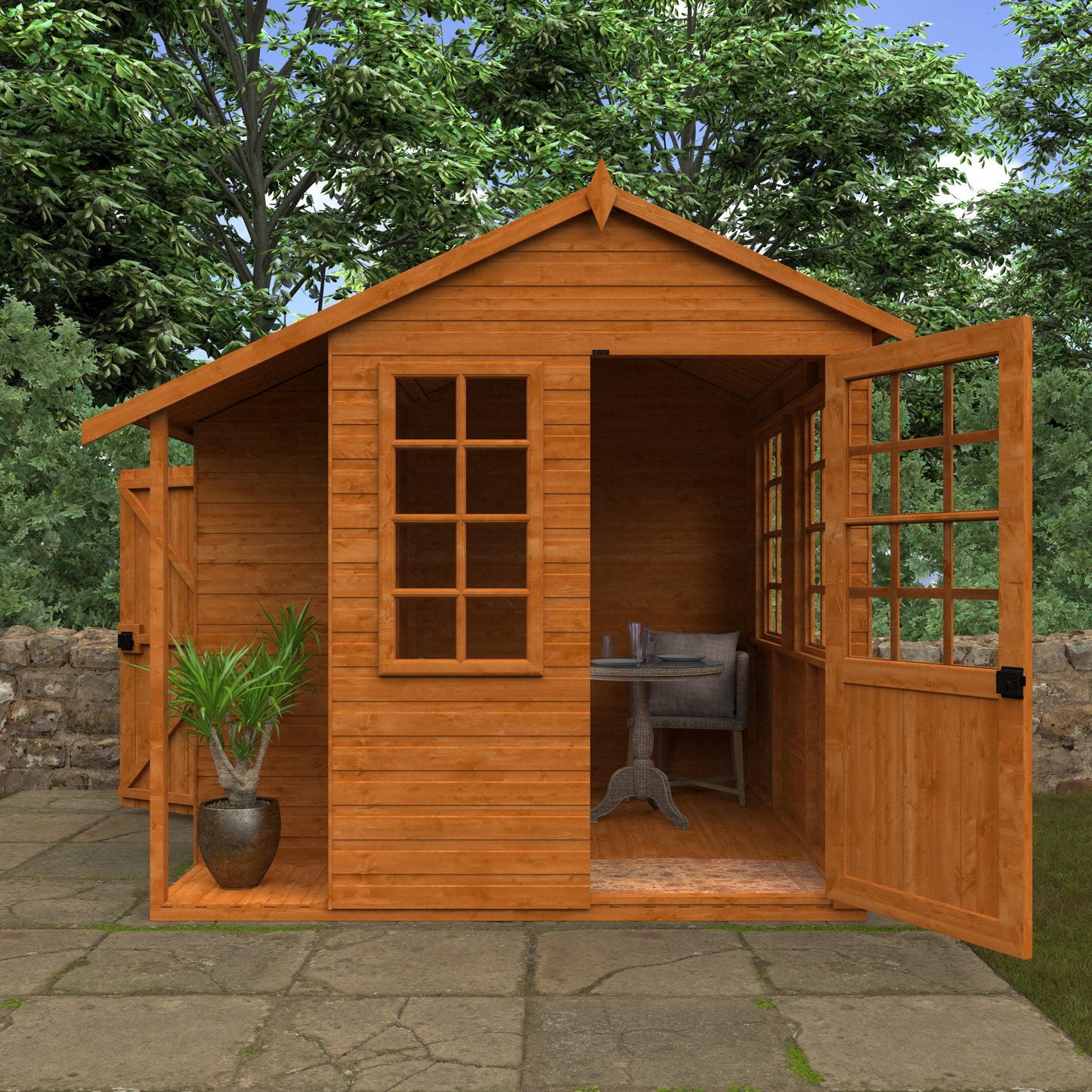 Garden Duo wooden garden building with Georgian-style glass doors and windows in garden setting