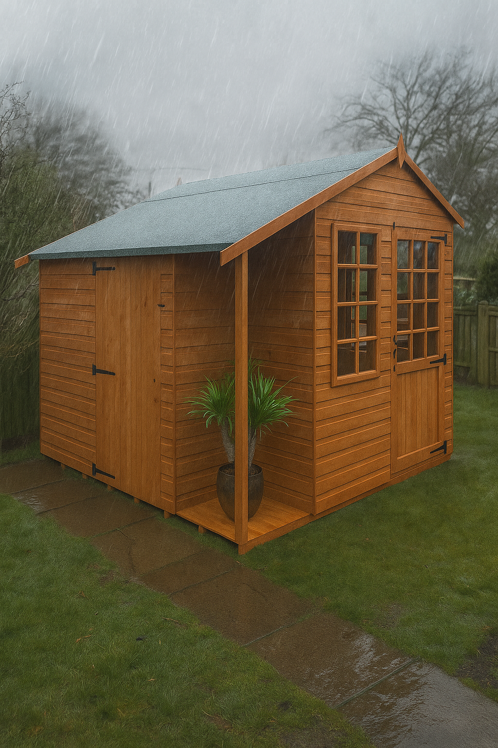 Garden Duo wooden garden building with Georgian-style glass doors and windows in garden setting in a winter rain storm