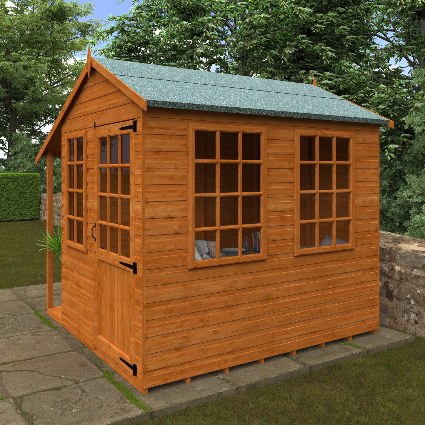 Garden Duo wooden garden building with green roof on stone patio with trees in background