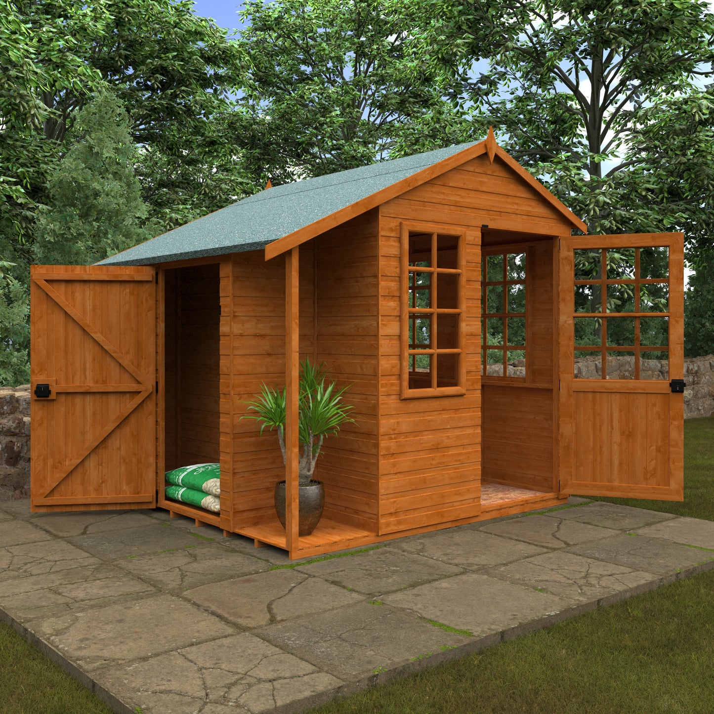 Garden Duo wooden garden building with green roof on stone patio with trees in background