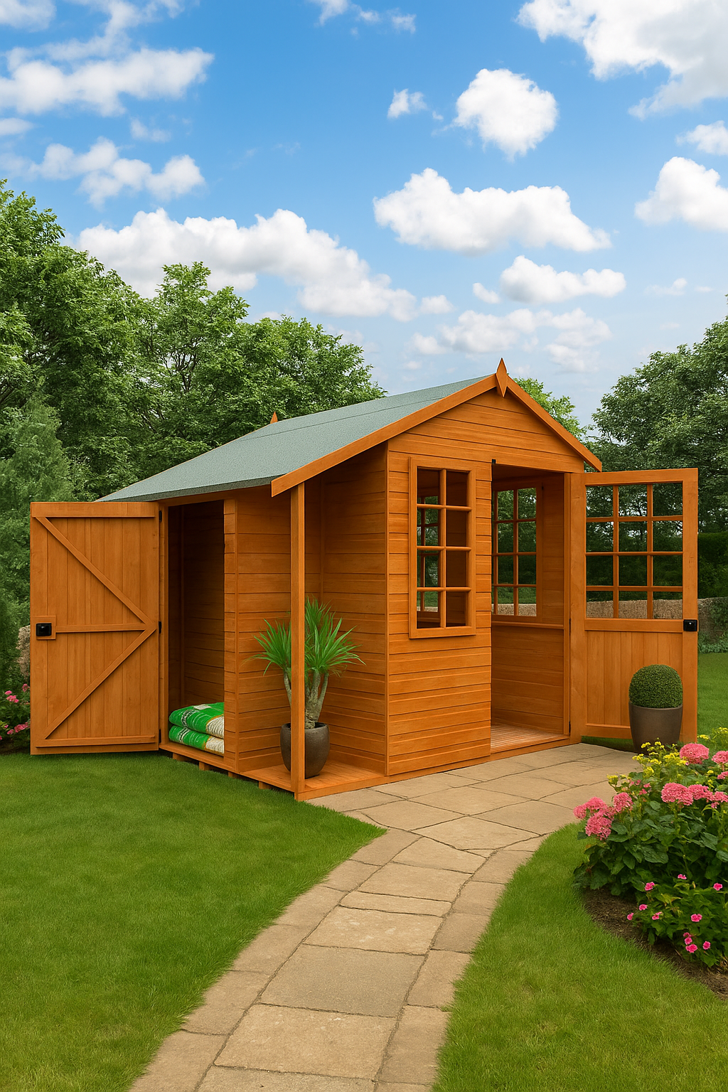 Garden Duo wooden garden building with Georgian-style summerhouse, hidden storage room, and green roof on sunny day